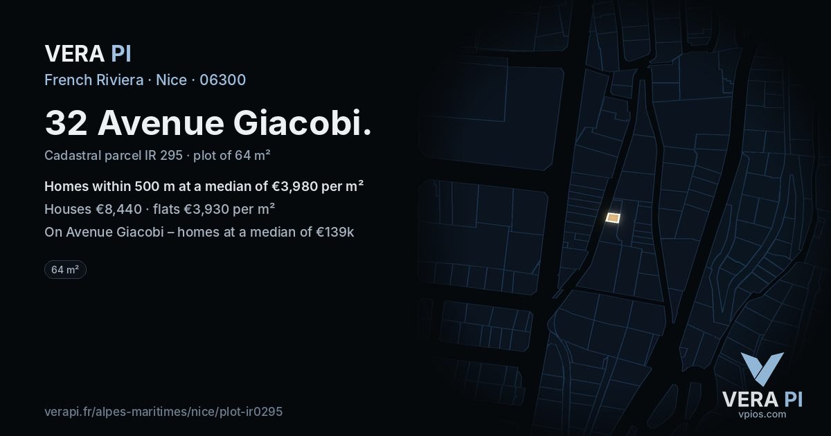 32 Avenue Giacobi, Nice at night – the plot lit, the parcels around coloured by the prices near them