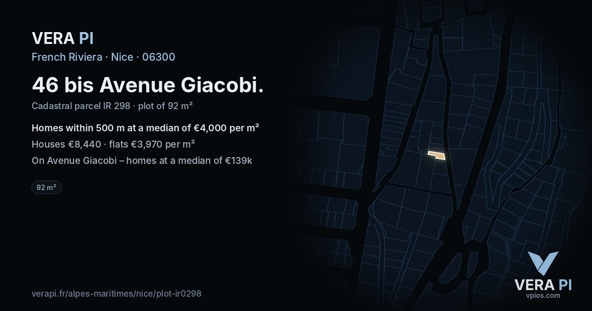 46 bis Avenue Giacobi, Nice at night – the plot lit, the parcels around coloured by the prices near them