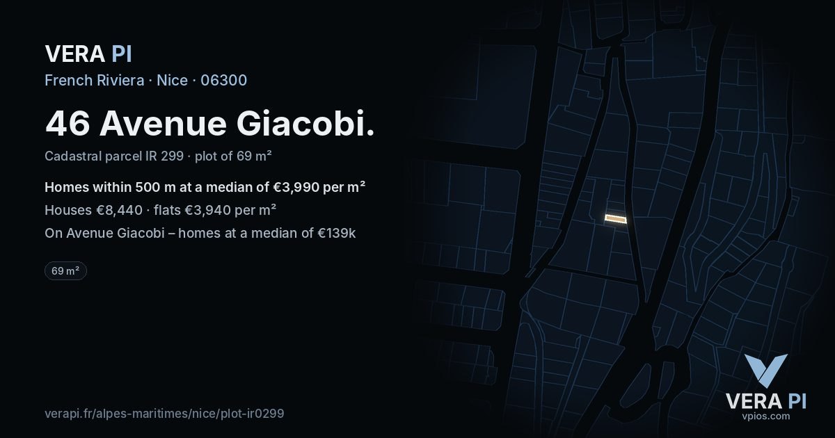 46 Avenue Giacobi, Nice at night – the plot lit, the parcels around coloured by the prices near them