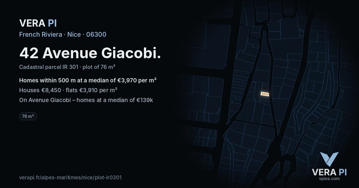 42 Avenue Giacobi, Nice at night – the plot lit, the parcels around coloured by the prices near them