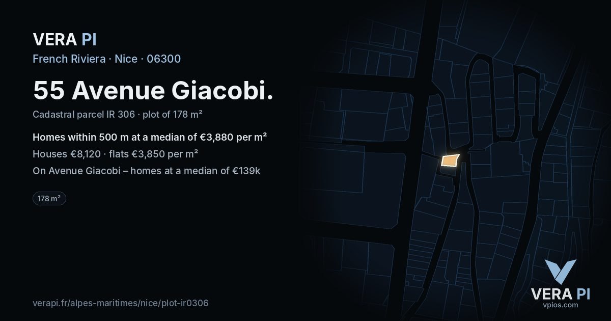 55 Avenue Giacobi, Nice at night – the plot lit, the parcels around coloured by the prices near them