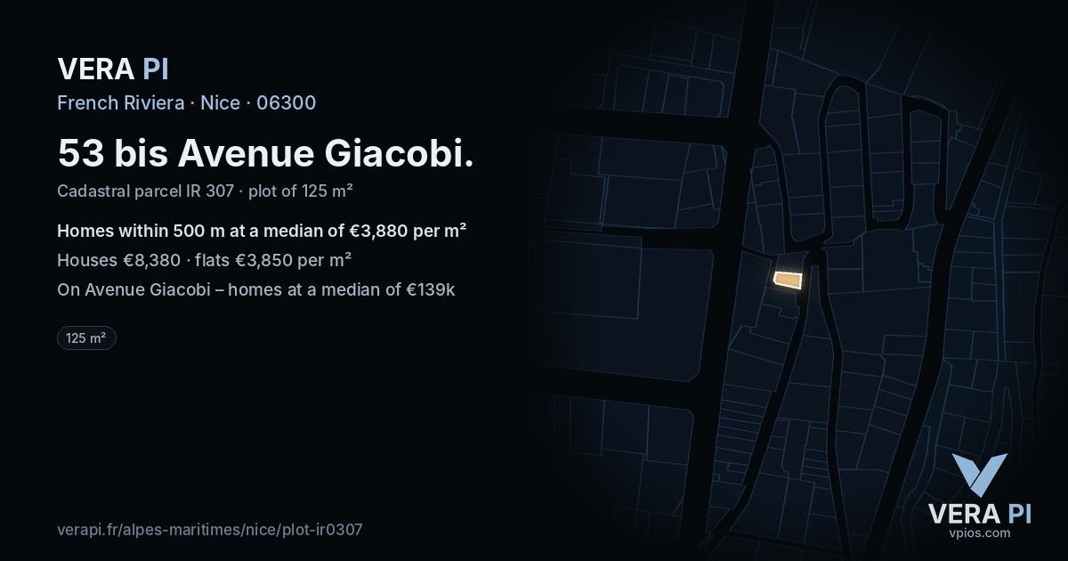 53 bis Avenue Giacobi, Nice at night – the plot lit, the parcels around coloured by the prices near them