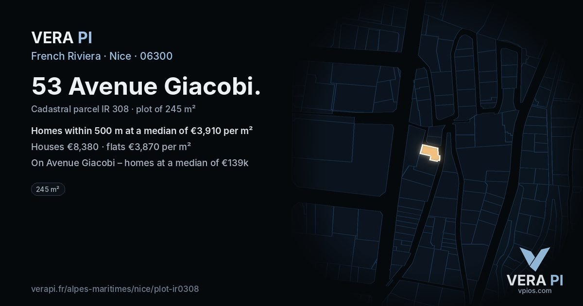 53 Avenue Giacobi, Nice at night – the plot lit, the parcels around coloured by the prices near them