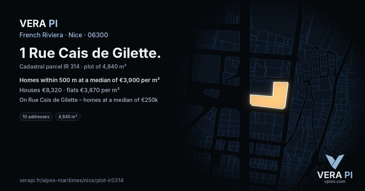 1 Rue Cais de Gilette, Nice at night – the plot lit, the parcels around coloured by the prices near them