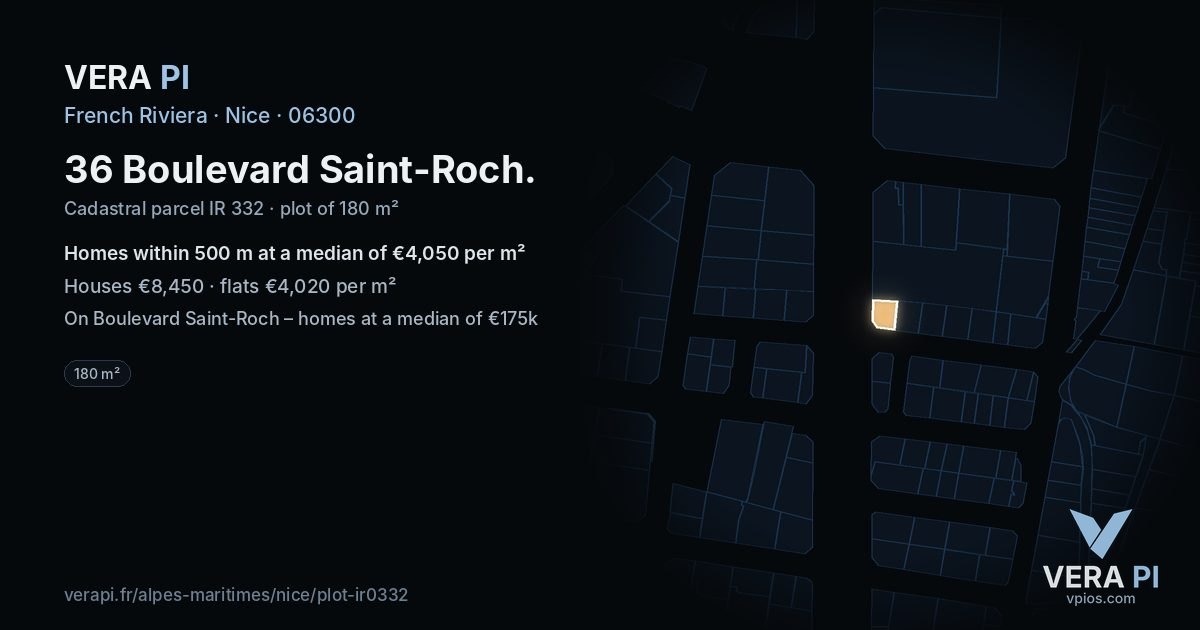 36 Boulevard Saint-Roch, Nice at night – the plot lit, the parcels around coloured by the prices near them