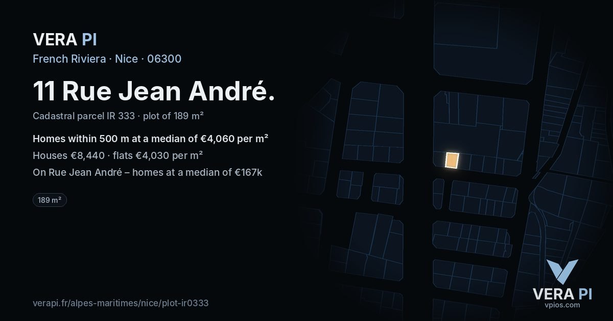 11 Rue Jean André, Nice at night – the plot lit, the parcels around coloured by the prices near them