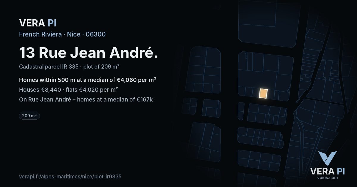 13 Rue Jean André, Nice at night – the plot lit, the parcels around coloured by the prices near them