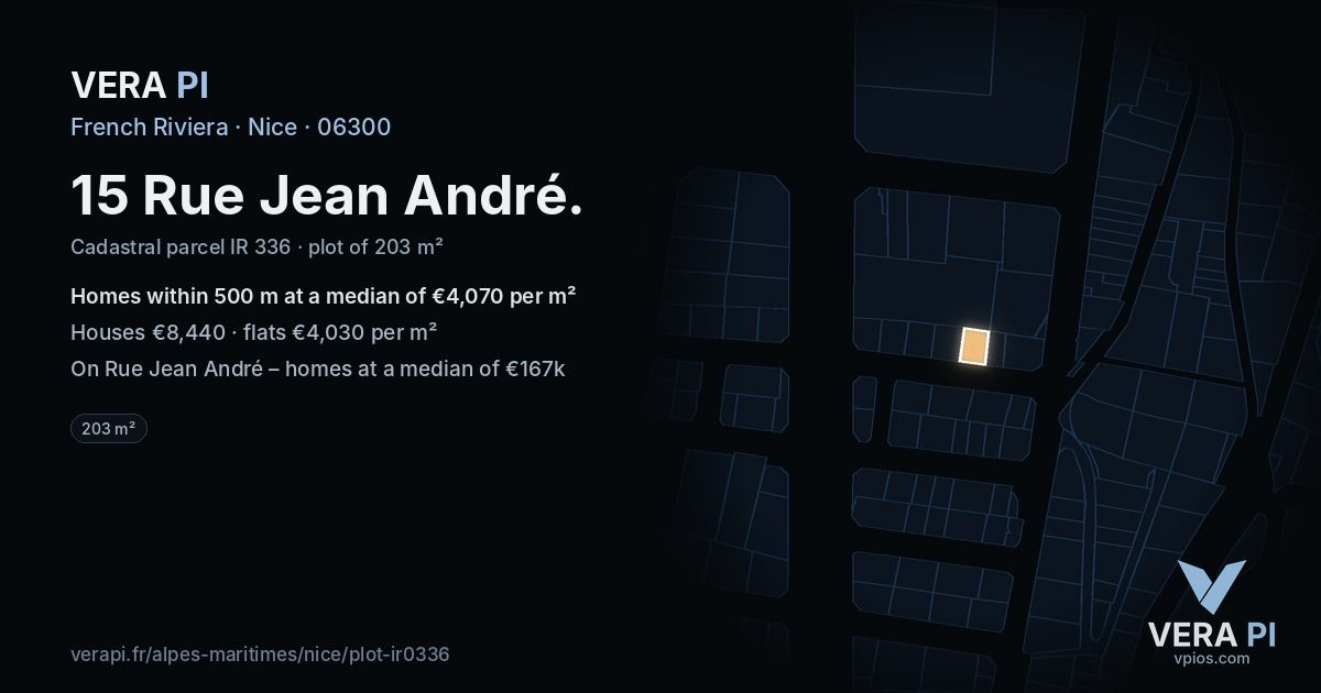 15 Rue Jean André, Nice at night – the plot lit, the parcels around coloured by the prices near them