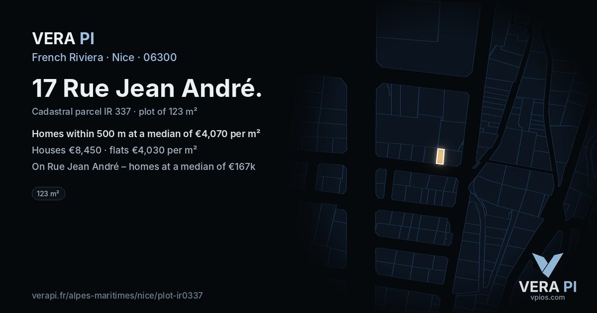 17 Rue Jean André, Nice at night – the plot lit, the parcels around coloured by the prices near them