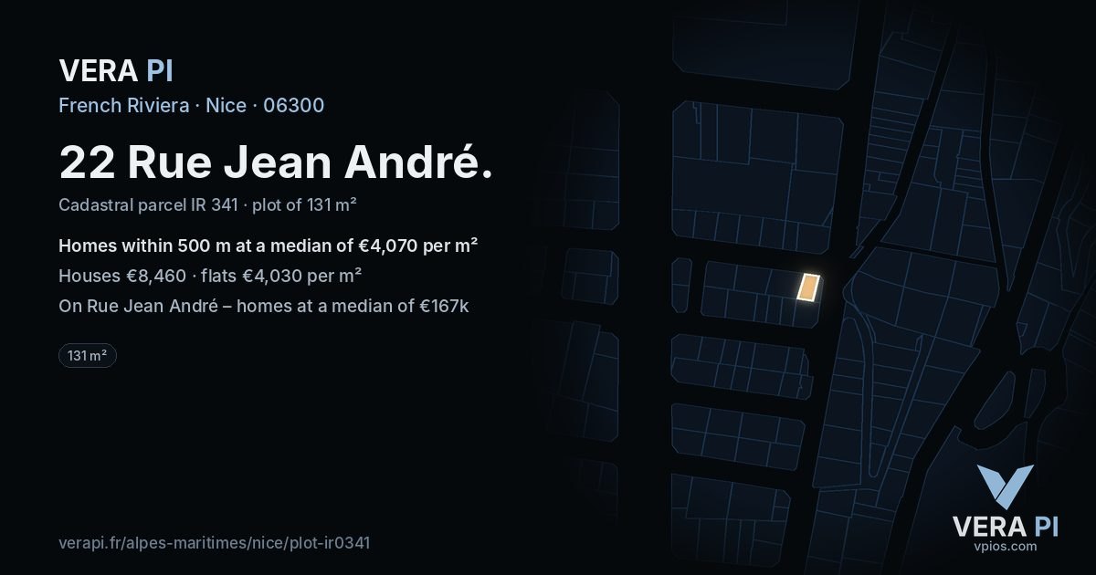 22 Rue Jean André, Nice at night – the plot lit, the parcels around coloured by the prices near them