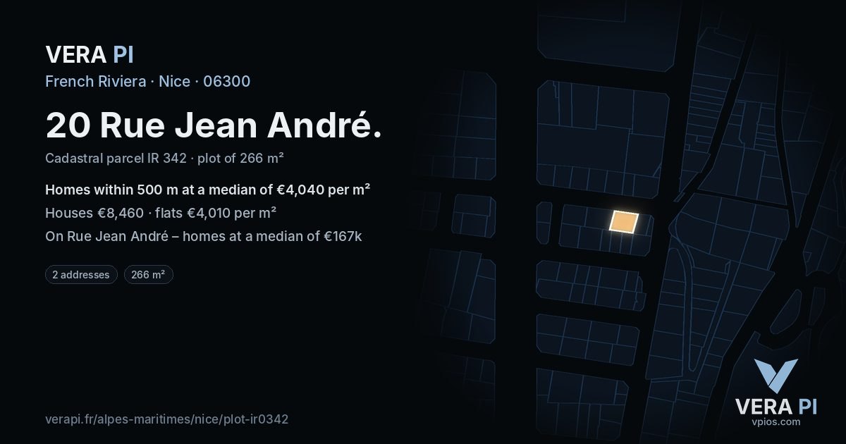 20 Rue Jean André, Nice at night – the plot lit, the parcels around coloured by the prices near them
