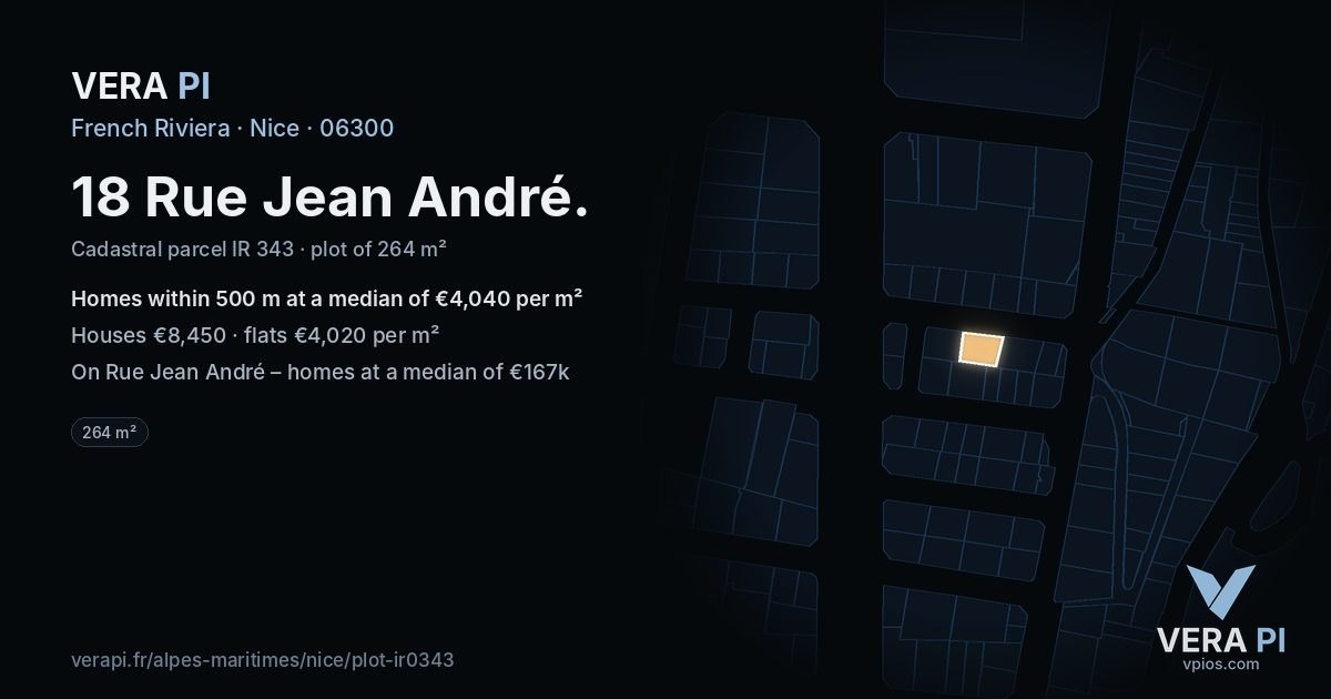 18 Rue Jean André, Nice at night – the plot lit, the parcels around coloured by the prices near them
