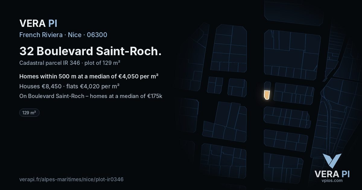 32 Boulevard Saint-Roch, Nice at night – the plot lit, the parcels around coloured by the prices near them