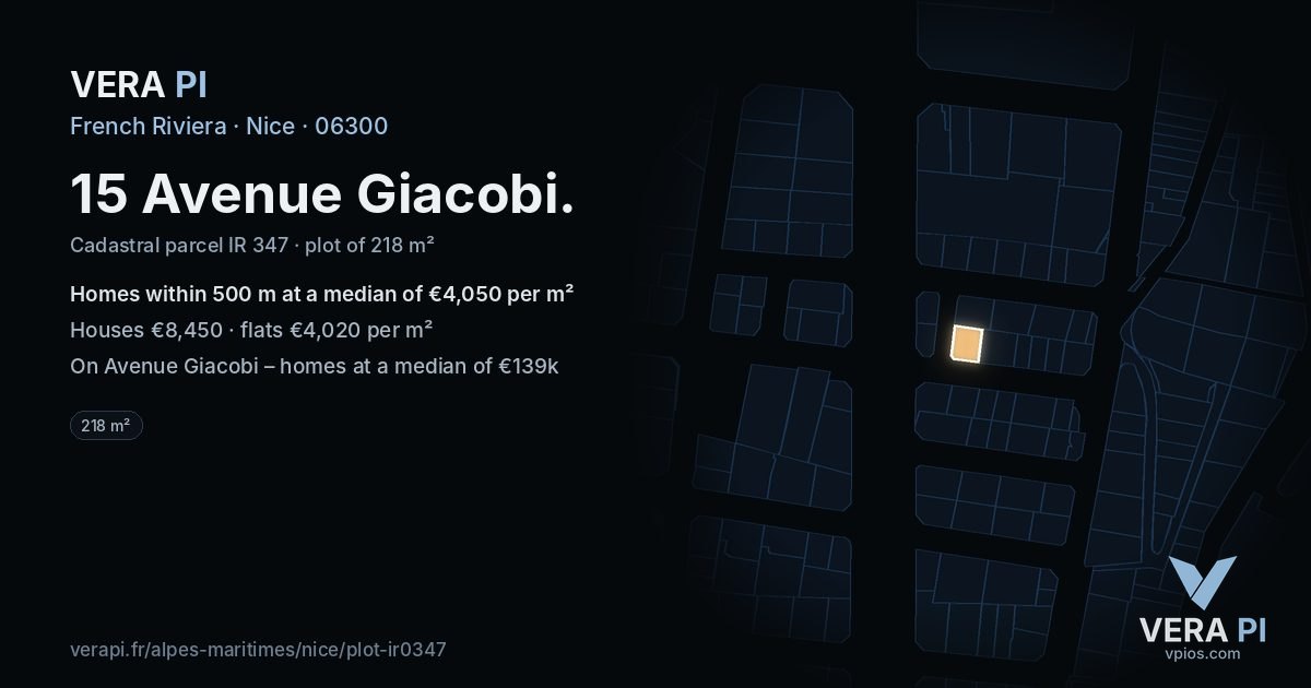 15 Avenue Giacobi, Nice at night – the plot lit, the parcels around coloured by the prices near them