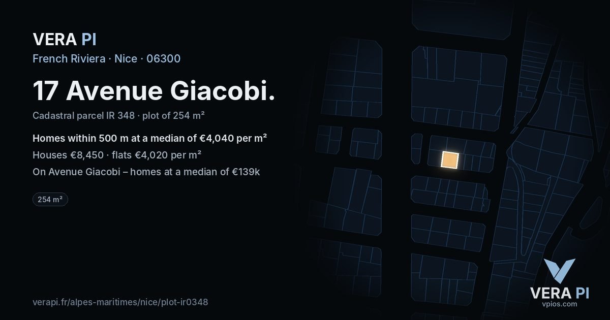 17 Avenue Giacobi, Nice at night – the plot lit, the parcels around coloured by the prices near them