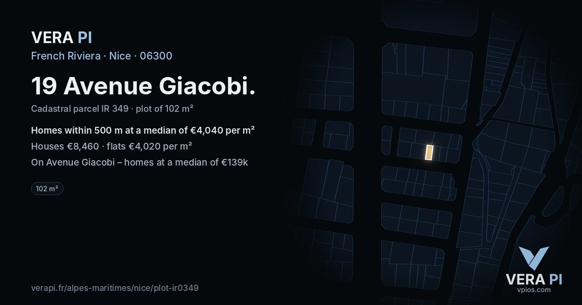 19 Avenue Giacobi, Nice at night – the plot lit, the parcels around coloured by the prices near them