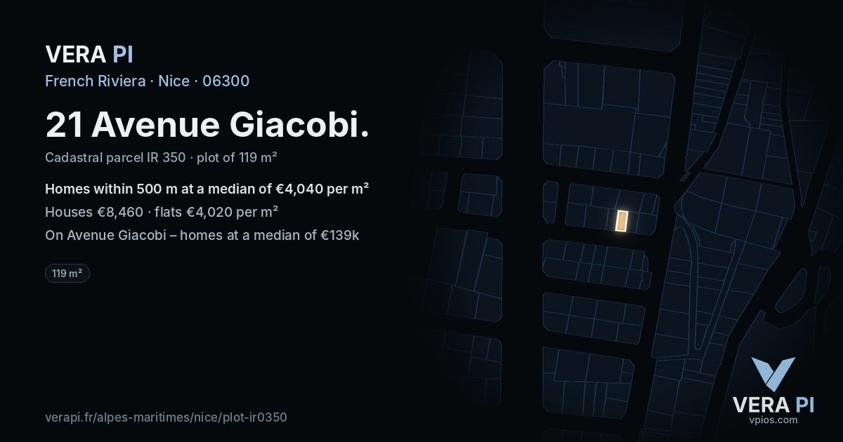 21 Avenue Giacobi, Nice at night – the plot lit, the parcels around coloured by the prices near them