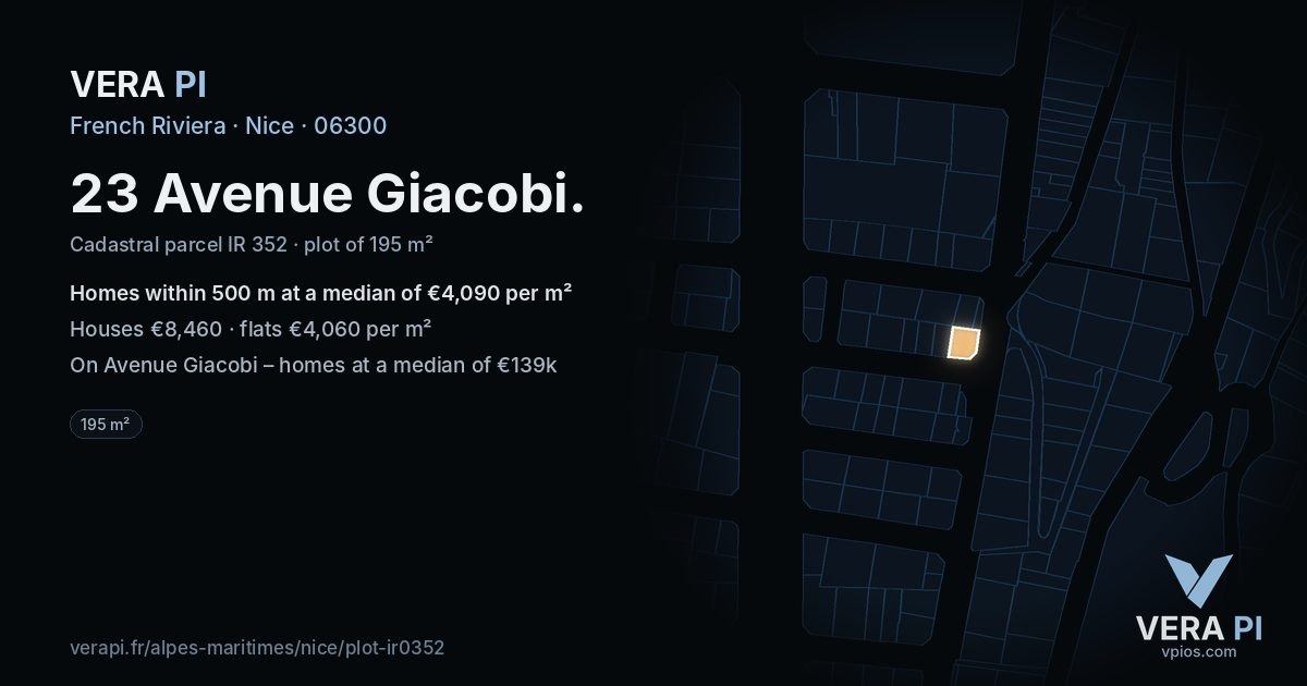 23 Avenue Giacobi, Nice at night – the plot lit, the parcels around coloured by the prices near them