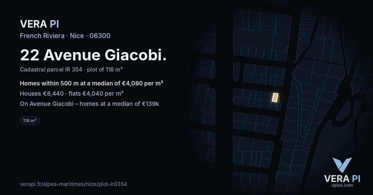 22 Avenue Giacobi, Nice at night – the plot lit, the parcels around coloured by the prices near them