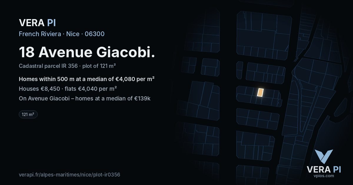 18 Avenue Giacobi, Nice at night – the plot lit, the parcels around coloured by the prices near them