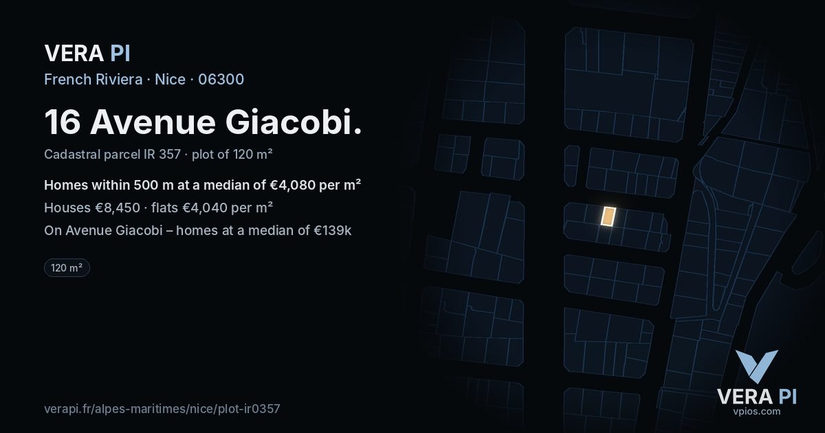 16 Avenue Giacobi, Nice at night – the plot lit, the parcels around coloured by the prices near them