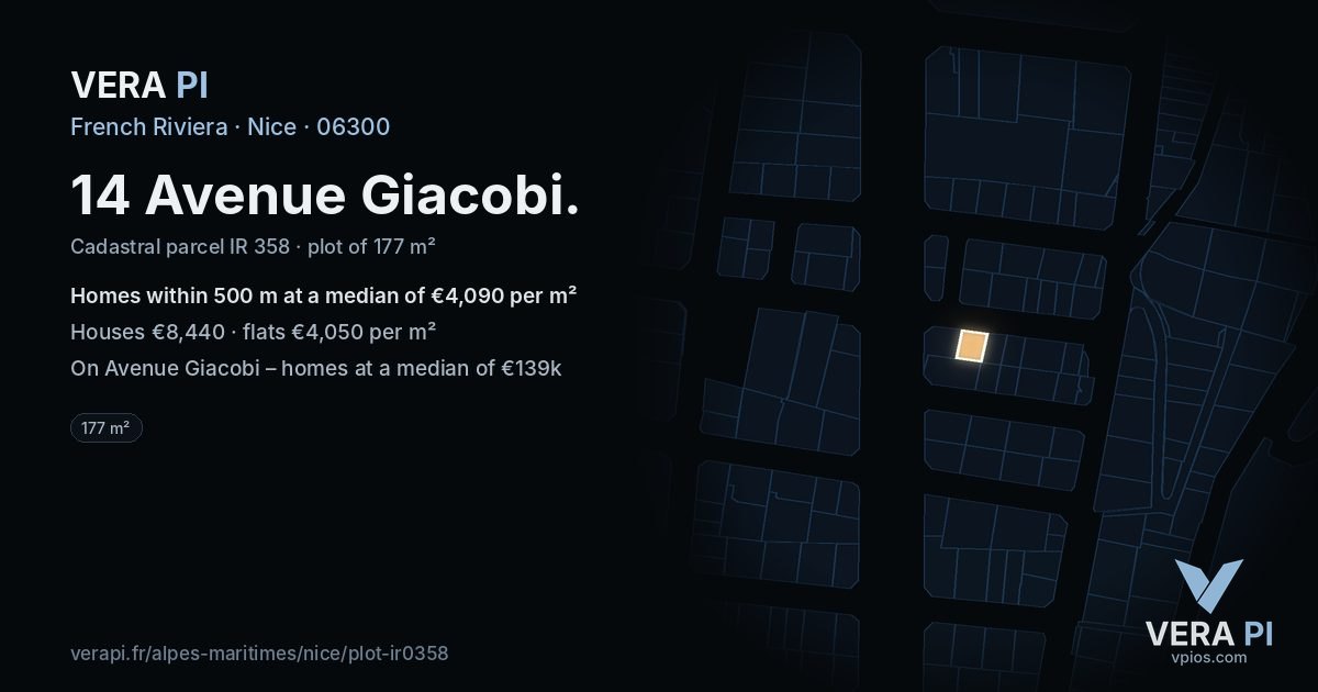14 Avenue Giacobi, Nice at night – the plot lit, the parcels around coloured by the prices near them