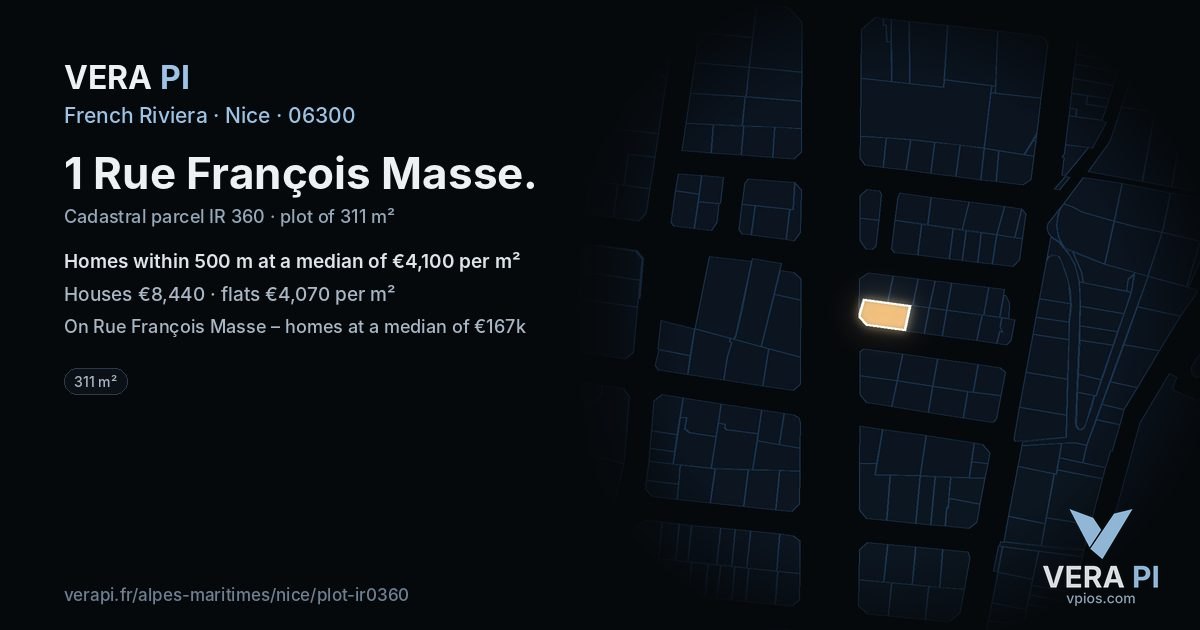 1 Rue François Masse, Nice at night – the plot lit, the parcels around coloured by the prices near them