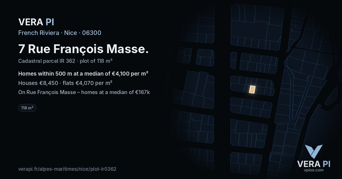 7 Rue François Masse, Nice at night – the plot lit, the parcels around coloured by the prices near them