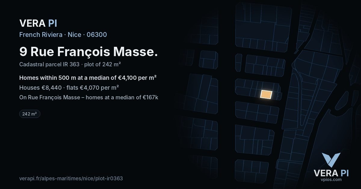 9 Rue François Masse, Nice at night – the plot lit, the parcels around coloured by the prices near them