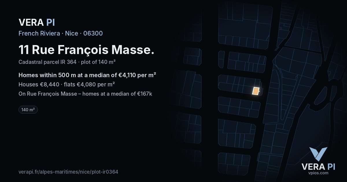 11 Rue François Masse, Nice at night – the plot lit, the parcels around coloured by the prices near them