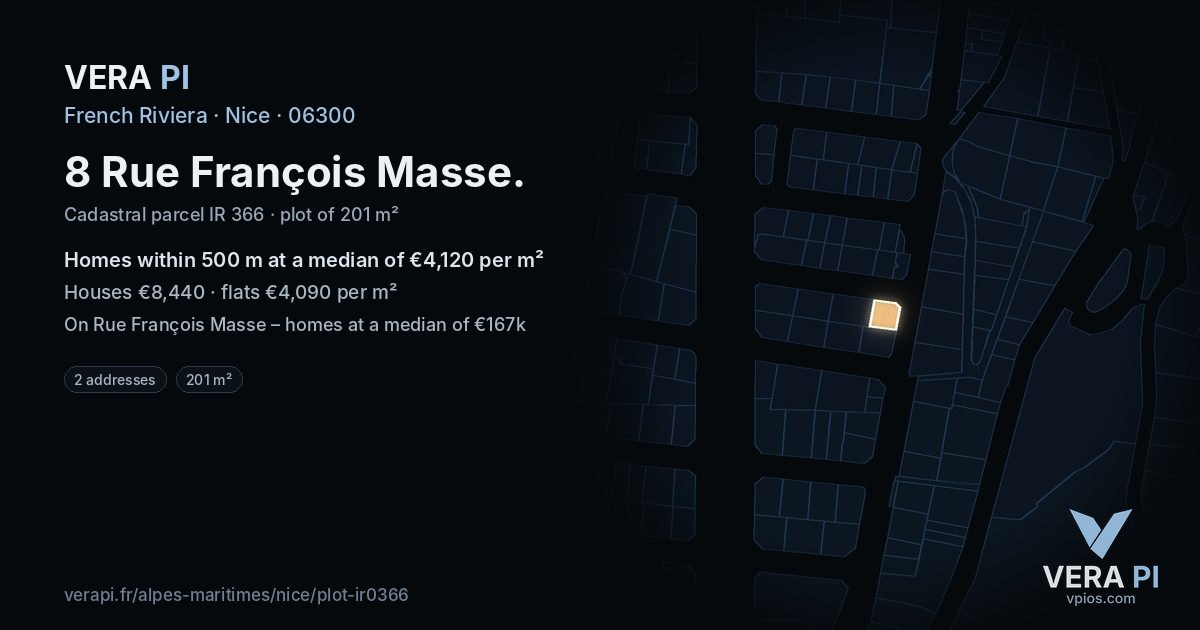 8 Rue François Masse, Nice at night – the plot lit, the parcels around coloured by the prices near them