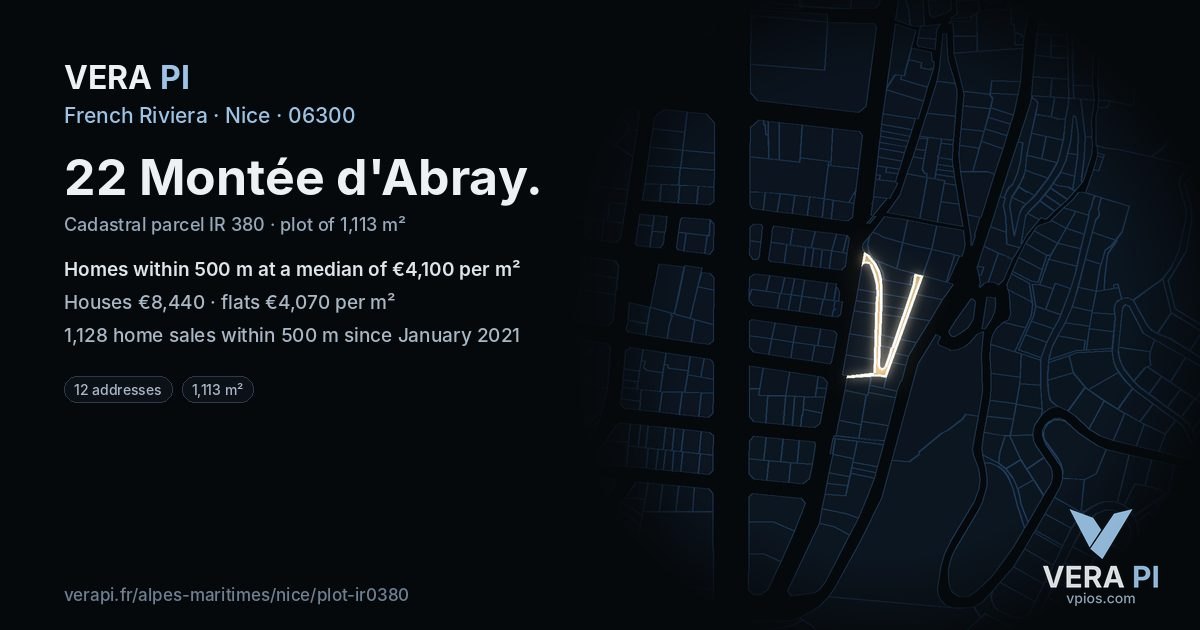 22 Montée d'Abray, Nice at night – the plot lit, the parcels around coloured by the prices near them