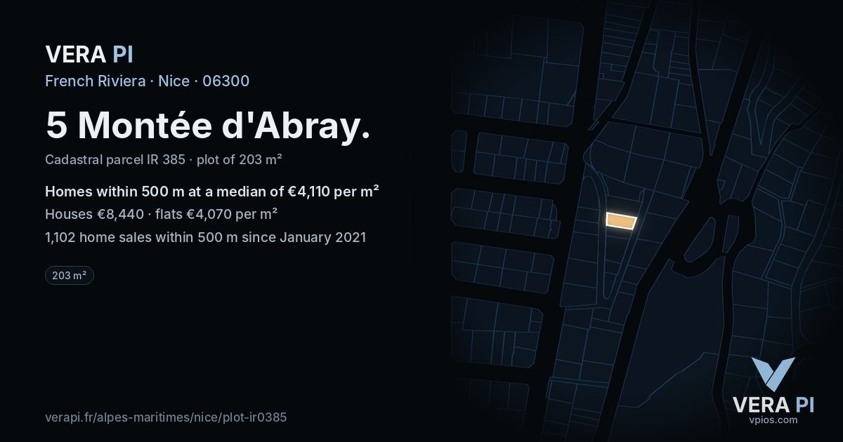 5 Montée d'Abray, Nice at night – the plot lit, the parcels around coloured by the prices near them