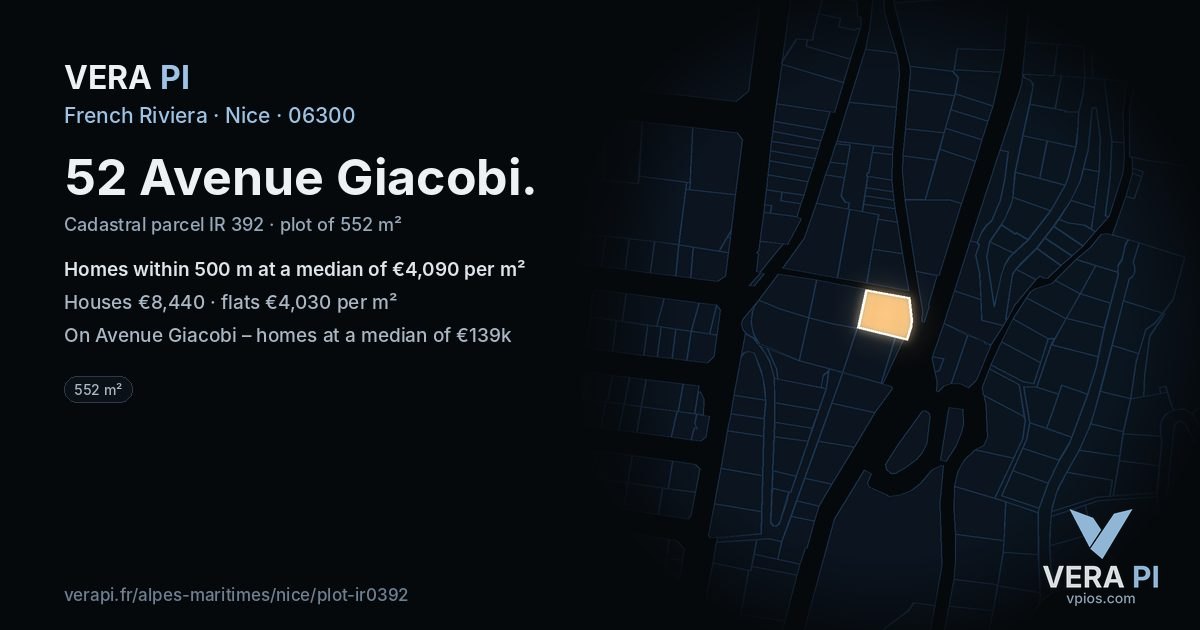 52 Avenue Giacobi, Nice at night – the plot lit, the parcels around coloured by the prices near them