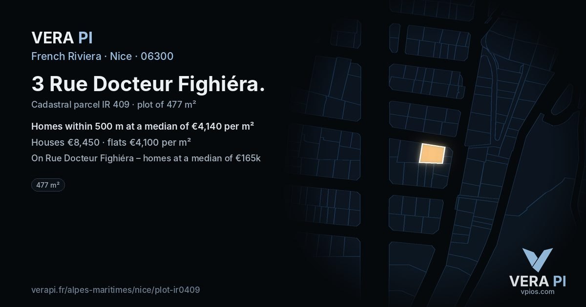 3 Rue Docteur Fighiéra, Nice at night – the plot lit, the parcels around coloured by the prices near them