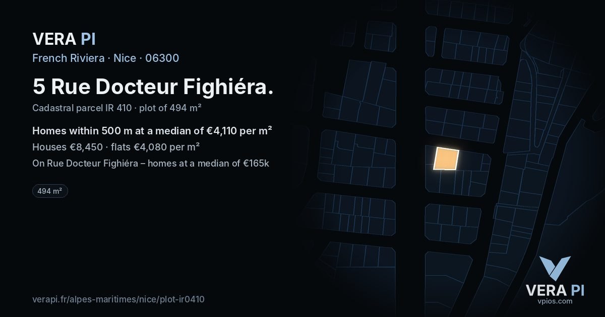 5 Rue Docteur Fighiéra, Nice at night – the plot lit, the parcels around coloured by the prices near them
