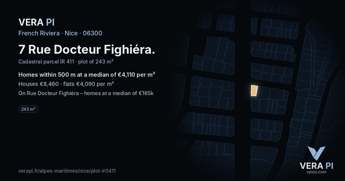 7 Rue Docteur Fighiéra, Nice at night – the plot lit, the parcels around coloured by the prices near them