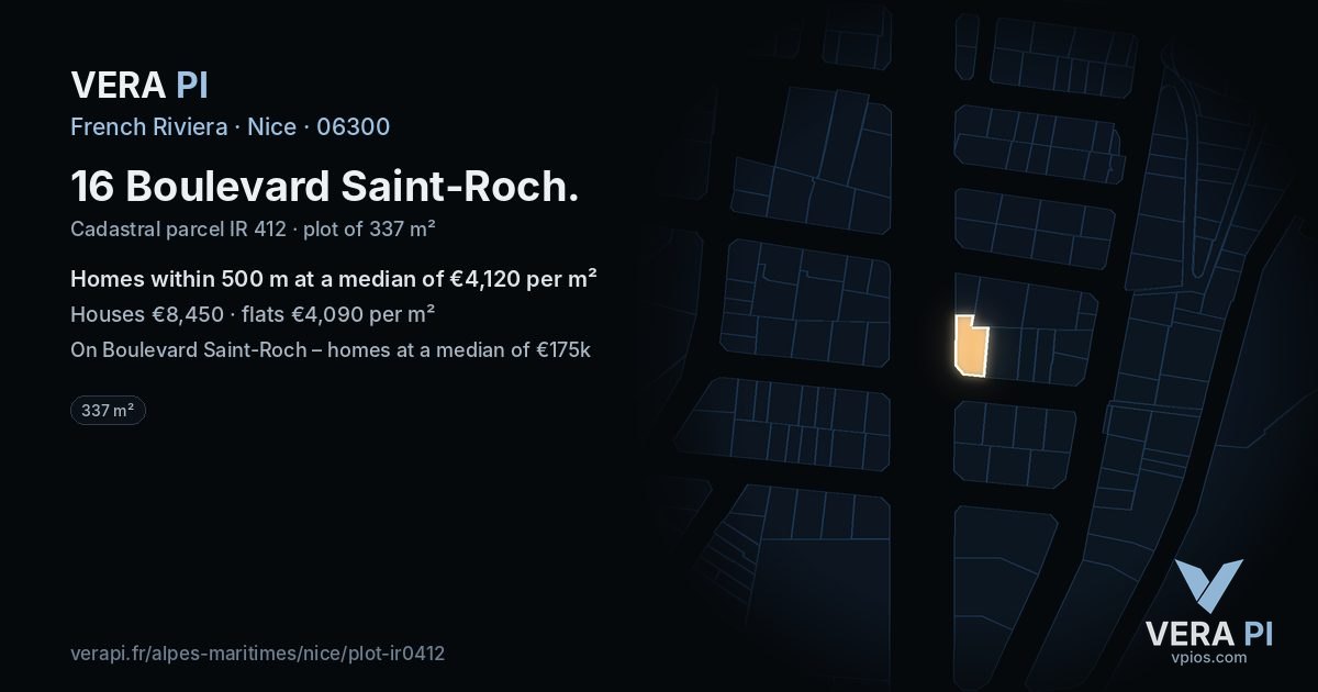 16 Boulevard Saint-Roch, Nice at night – the plot lit, the parcels around coloured by the prices near them