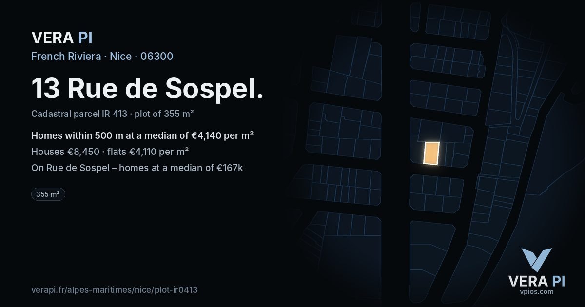 13 Rue de Sospel, Nice at night – the plot lit, the parcels around coloured by the prices near them