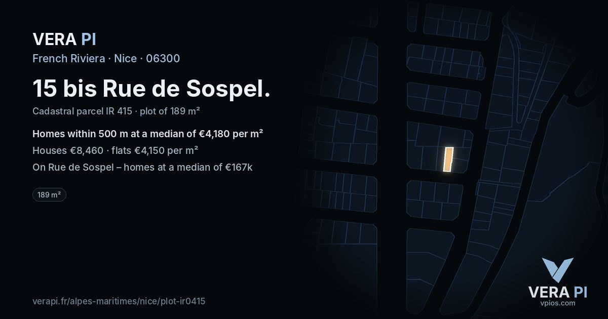 15 bis Rue de Sospel, Nice at night – the plot lit, the parcels around coloured by the prices near them