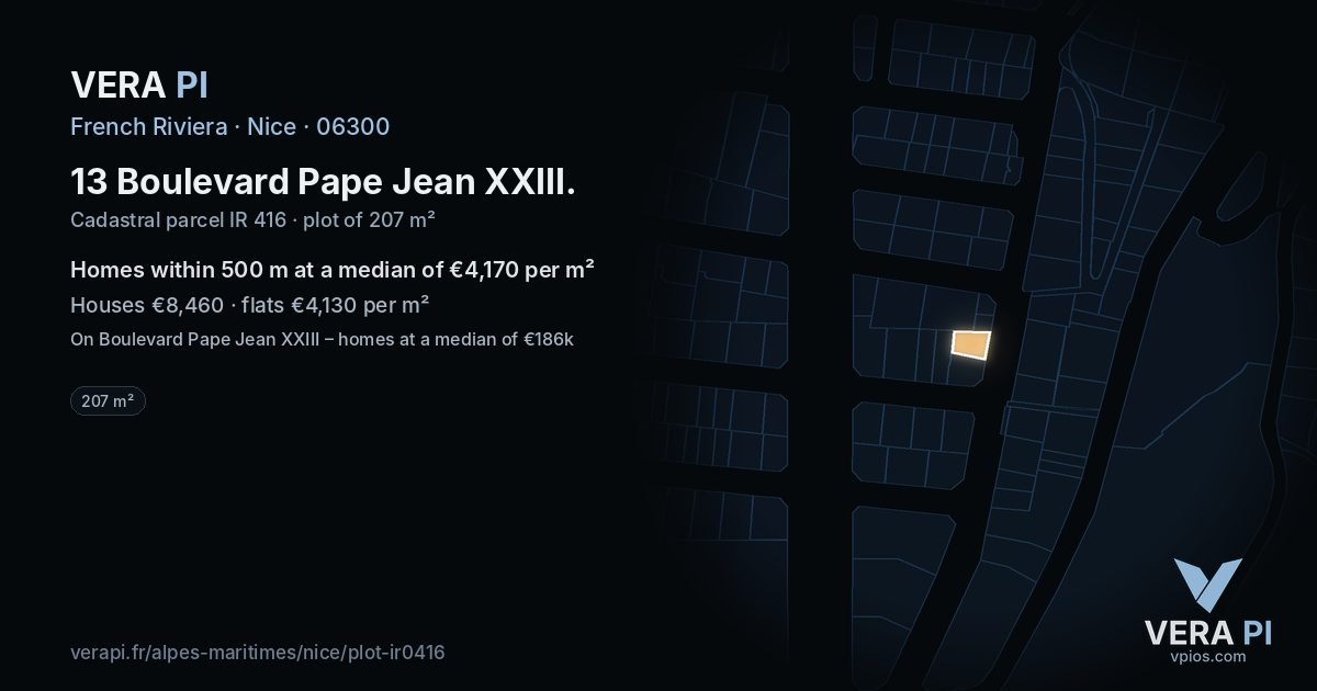 13 Boulevard Pape Jean XXIII, Nice at night – the plot lit, the parcels around coloured by the prices near them