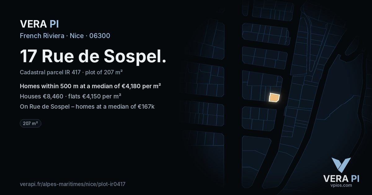 17 Rue de Sospel, Nice at night – the plot lit, the parcels around coloured by the prices near them
