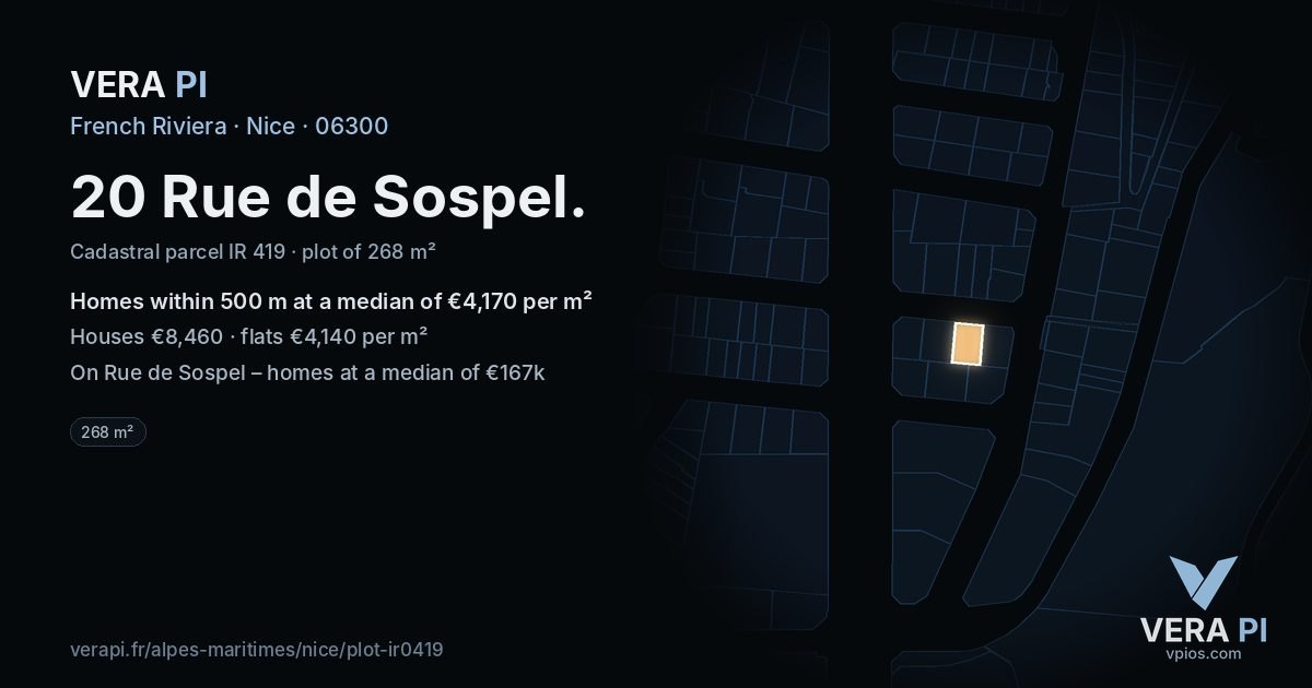 20 Rue de Sospel, Nice at night – the plot lit, the parcels around coloured by the prices near them
