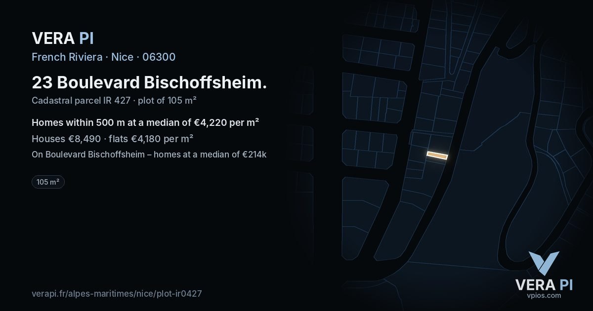 23 Boulevard Bischoffsheim, Nice at night – the plot lit, the parcels around coloured by the prices near them
