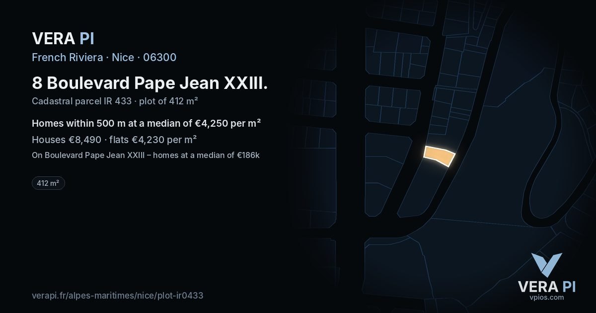 8 Boulevard Pape Jean XXIII, Nice at night – the plot lit, the parcels around coloured by the prices near them