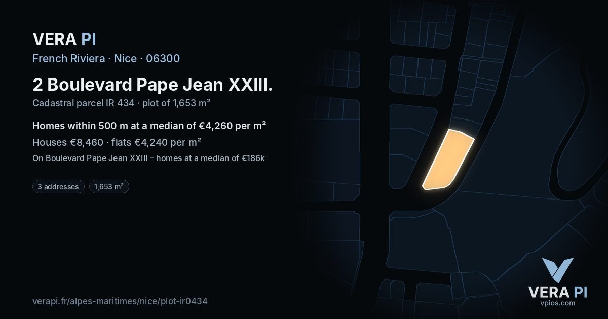 2 Boulevard Pape Jean XXIII, Nice at night – the plot lit, the parcels around coloured by the prices near them