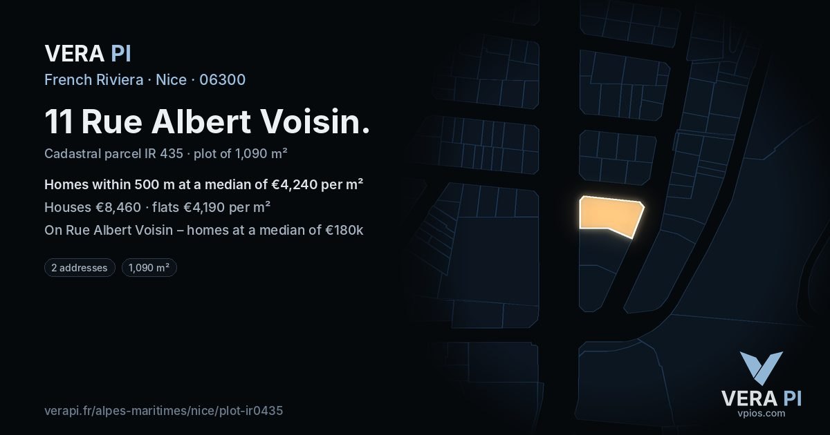 11 Rue Albert Voisin, Nice at night – the plot lit, the parcels around coloured by the prices near them