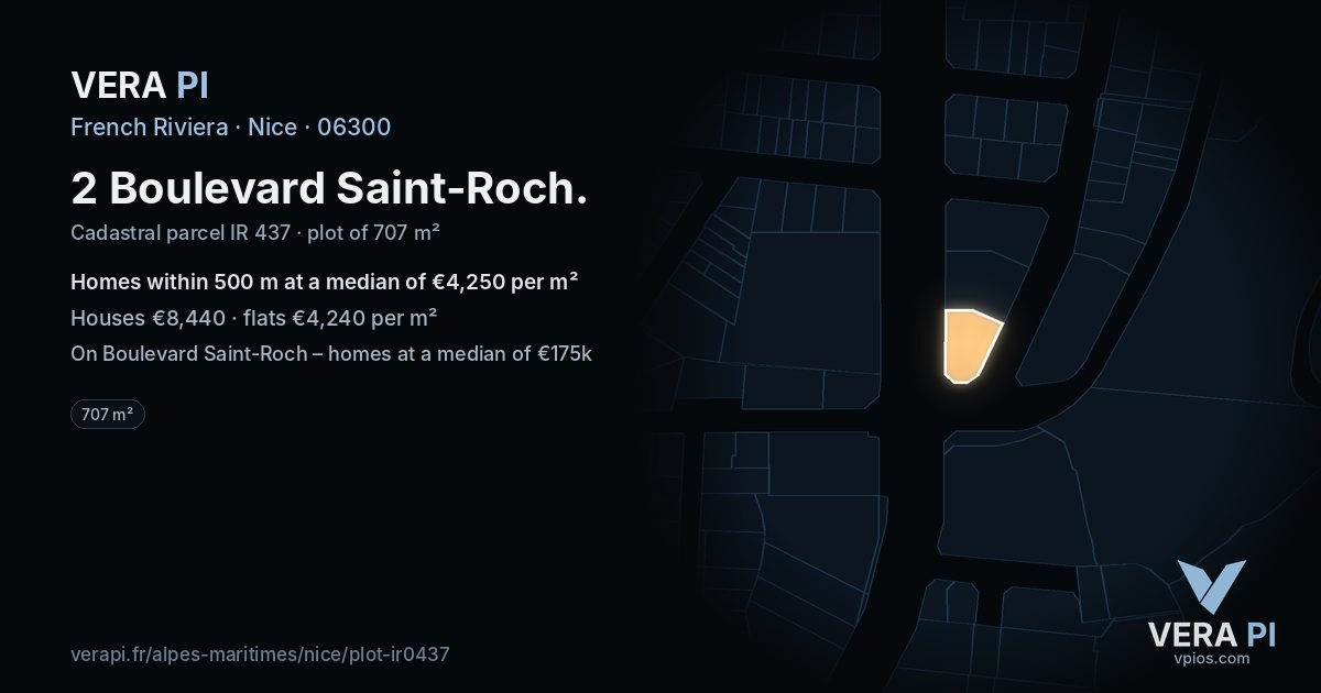 2 Boulevard Saint-Roch, Nice at night – the plot lit, the parcels around coloured by the prices near them