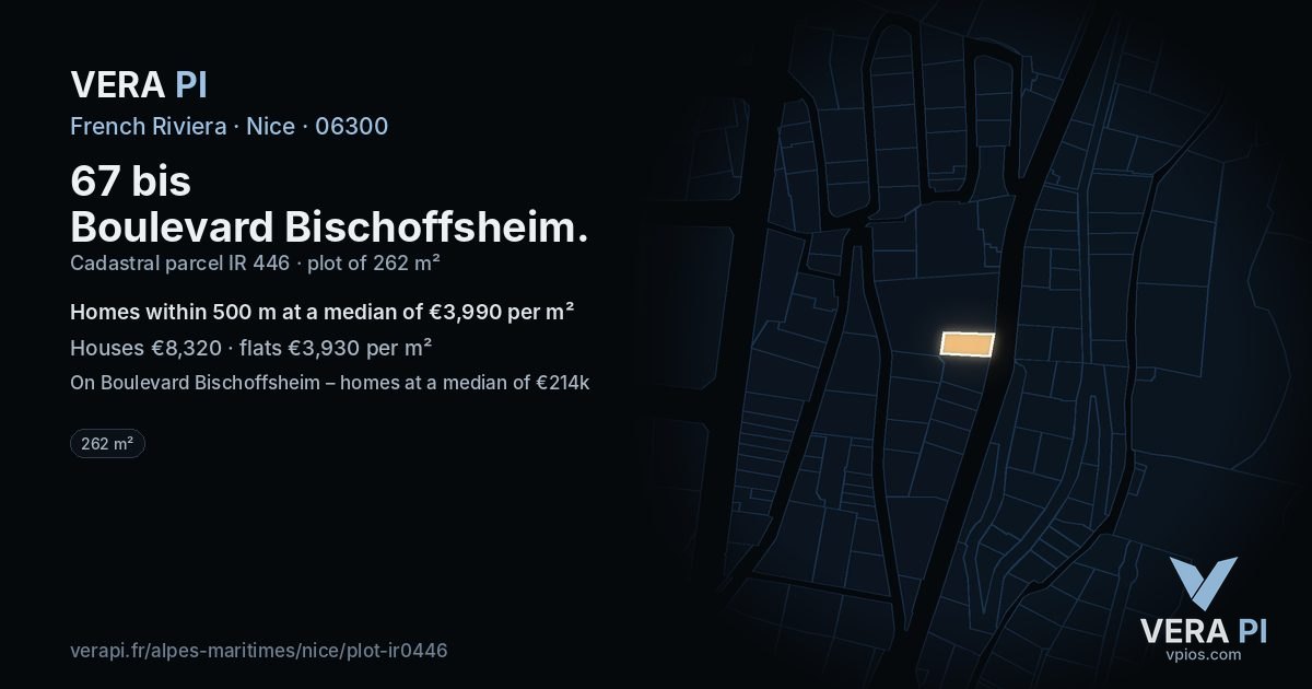 67 bis Boulevard Bischoffsheim, Nice at night – the plot lit, the parcels around coloured by the prices near them