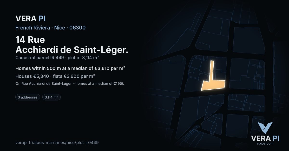 14 Rue Acchiardi de Saint-Léger, Nice at night – the plot lit, the parcels around coloured by the prices near them